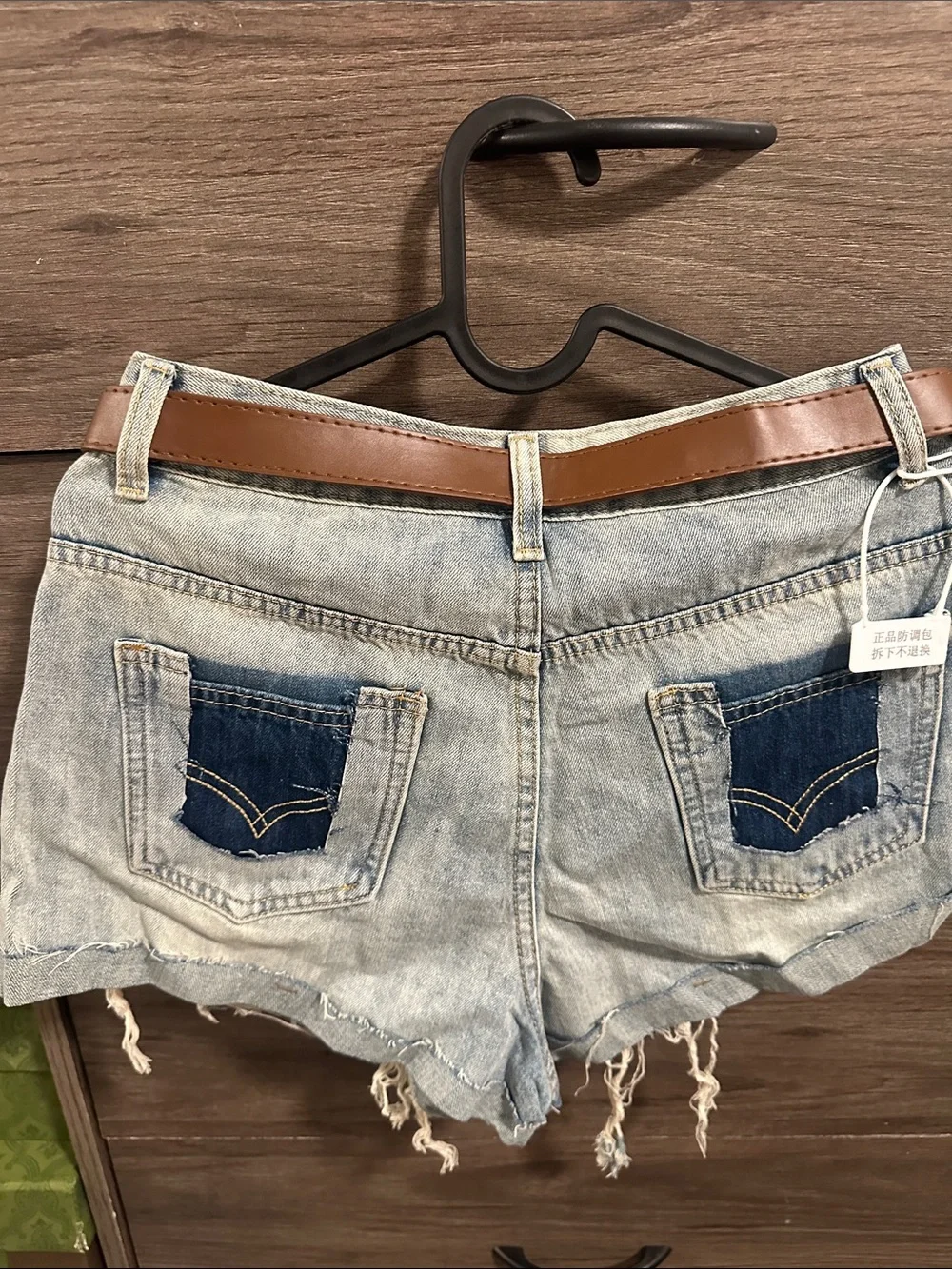 Light Blue Denim Distressed Women’s Shorts with Brown Belt size S